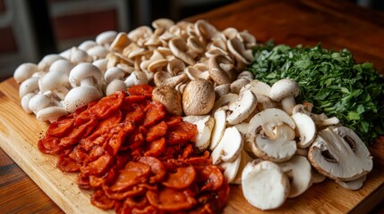 Poster - A close-up of a vibrant assortment of fresh mushrooms, including shiitake, oyster, and button mushrooms, artfully arranged on a wooden cutting board with herbs.