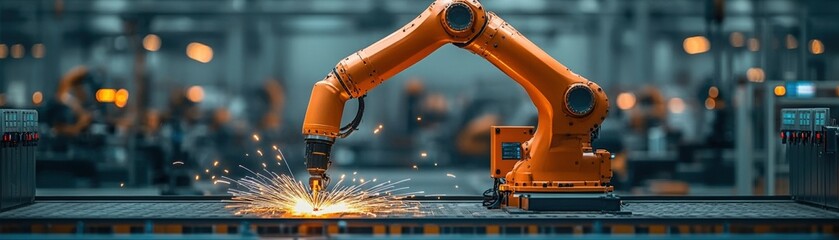 Poster - robotic arm welding metal piece in industrial manufacturing environment