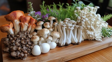 Poster - A close-up of a vibrant assortment of fresh mushrooms, including shiitake, oyster, and button mushrooms, artfully arranged on a wooden cutting board with herbs.