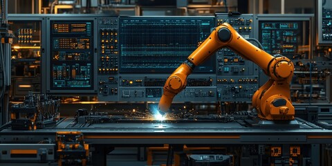 Poster - Robot assembling components on a computer in a modern manufacturing factory environment