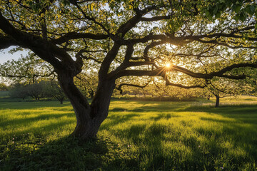 Canvas Print - A large tree with a sun shining through its branches