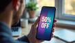 © Denis - Vibrant tech retail moment with smartphone displaying 50% OFF digital banner on online shopping app