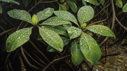 Poster - A close-up of mangrove leaves with water droplets, capturing the details of their texture and color against the backdrop of the forest