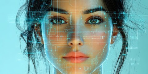 Aufkleber - Woman with a futuristic face interacting with a digital interface in a modern technology setting