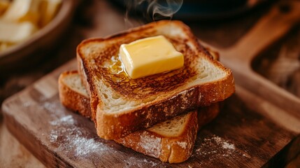Poster - A close-up of perfectly golden-brown toasted bread slices on a rustic wooden cutting board, with a pat of melting butter on top, evoking a cozy breakfast vibe