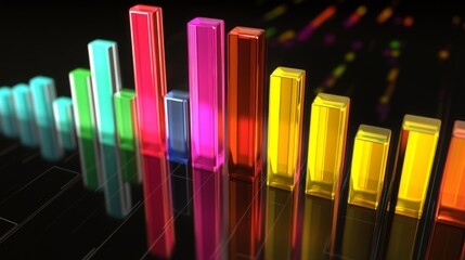 Poster - A colorful D bar chart with tall, glossy bars on a black reflective surface, with warm spotlighting to highlight each bar's shape and height