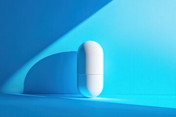 Poster - Modern white capsule resting on a vibrant blue surface with soft shadows and lighting