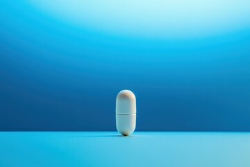Poster - Pill stands upright on a blue surface creating a minimalist and modern aesthetic in a calm setting