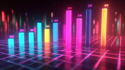 Fototapete - A colorful D bar graph rising on a grid background, with glowing bars representing data growth, and labels indicating different statistics.