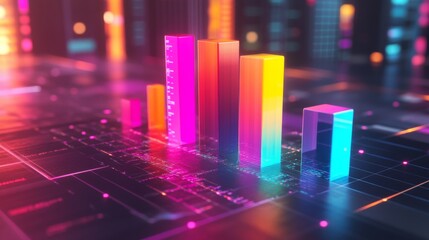Fototapete - A colorful D bar graph rising on a grid background, with glowing bars representing data growth, and labels indicating different statistics.