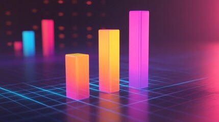 Fototapete - A colorful D bar graph rising on a grid background, with glowing bars representing data growth, and labels indicating different statistics.