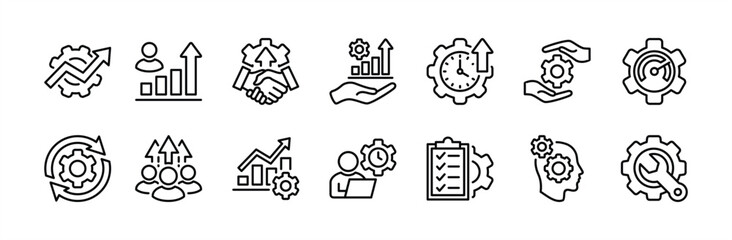 Wall Mural - gear settings and setup thin line icon set. contains optimization, improvement, increasing cooperati