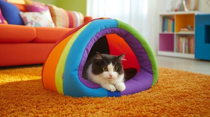 Poster - A colorful cat house shaped like a tent, with soft fabric and a cushioned interior, set on a plush carpet in a cheerful, cozy living room