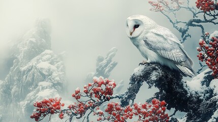 enigmatic barn owl perched on a gnarled tree branch, exuding wisdom and mystery, vector graphic, whi
