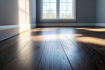 Wall Mural - Empty room with dark wooden floor and sunlight from window