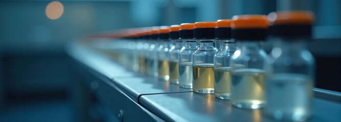 Wall Mural - row of filled glass vials with orange caps on a conveyor belt, medical, healthcare
