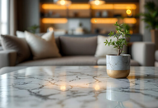 Modern living room interior with a green plant in a pot standing on a white black marble table