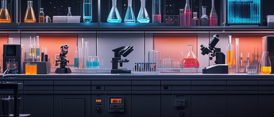Poster - Laboratory with various colored liquids in glass containers and beakers on a workbench