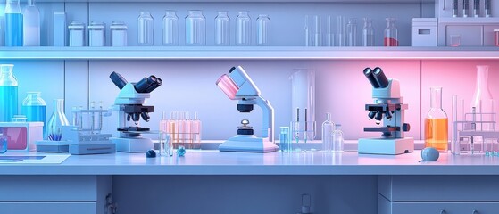 Poster - Laboratory with various colored liquids in glass beakers and flasks on a table