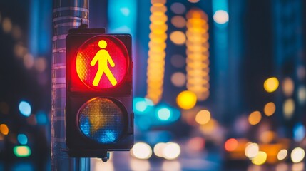 Poster - A colorful shot of a pedestrian traffic light with a walking symbol illuminated, set against a cityscape backdrop, promoting pedestrian safety and urban life