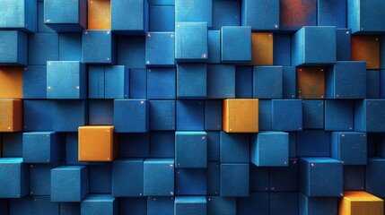 Poster - A wall composed of blue and orange cubes arranged in a geometric pattern for modern design aesthetics
