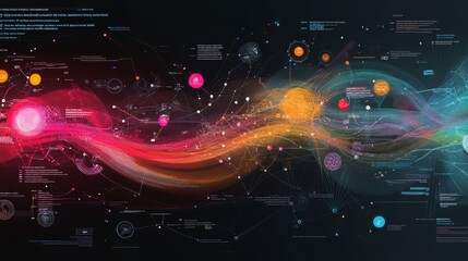 Poster - A complex financial flowchart with interconnected graphs and data points, showcasing business relationships and financial statistics on a dark backdrop