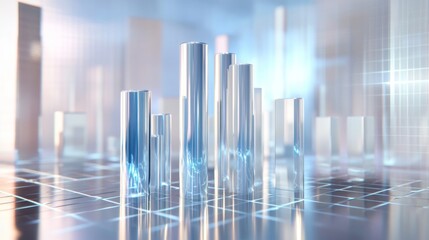 Aufkleber - A corporate-style D bar chart with silver and blue bars, set on a reflective surface with floating data labels and a digital grid background.