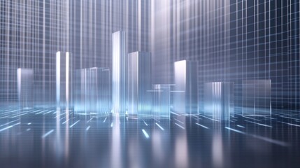 Aufkleber - A corporate-style D bar chart with silver and blue bars, set on a reflective surface with floating data labels and a digital grid background.