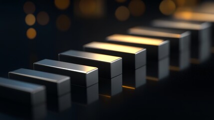 Poster - A corporate bar graph with silver and gold bars, representing financial performance, set against a dark background with subtle reflections and floating labels.