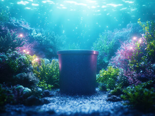 Wall Mural - protein tub surrounded by vibrant coral and aquatic plants in serene underwater scene, illuminated by soft bubbles and glowing lights