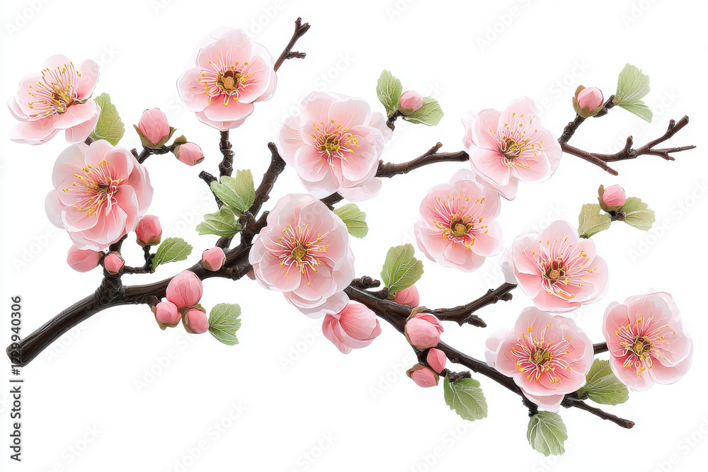 Beautiful pink cherry blossoms on branch with green leaves, showcasing ...