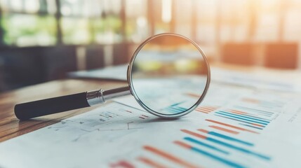 Poster - A close-up of a magnifying glass over financial reports and market analysis documents.