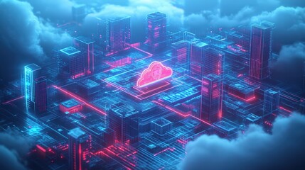 Poster - Futuristic cityscape featuring a large heart structure in the center of the urban landscape
