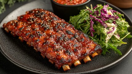 Canvas Print - Grilled BBQ ribs, Asian slaw, sauce. Restaurant food photography