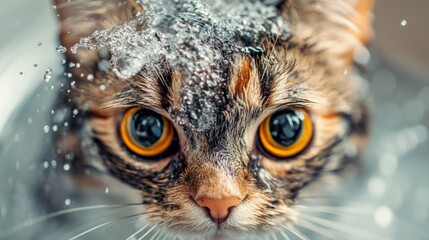 Poster - A cute close-up of a cats face with wide eyes, drenched in water, while being gently bathed, highlighting the unique expressions pets show during grooming.