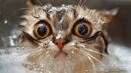 Poster - A cute close-up of a cats face with wide eyes, drenched in water, while being gently bathed, highlighting the unique expressions pets show during grooming.