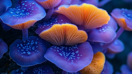 Poster - A stunning cluster of macro wood mushrooms showcases brilliant yellow and purple colors under soft sunlight. These unique fungi create a magical atmosphere in a serene forest environment