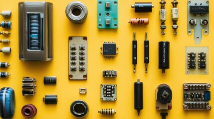 Poster - A collection of various electronic components such as diodes and transistors on a yellow backdrop.