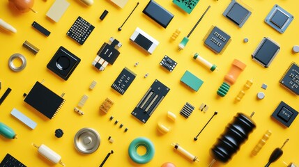 Poster - A collection of various electronic components such as diodes and transistors on a yellow backdrop.