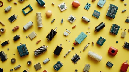 Poster - A collection of various electronic components such as diodes and transistors on a yellow backdrop.