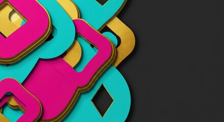 Poster - Abstract Geometric Shapes: A captivating abstract composition features vibrant pink, teal, and gold geometric shapes overlapping in a dynamic and visually stimulating arrangement.