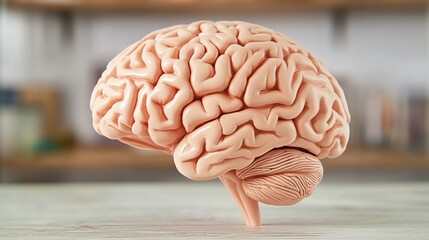 Poster - A detailed D rendering of a human brain with highlighted areas showing different functions, placed on a sleek, modern surface with soft lighting