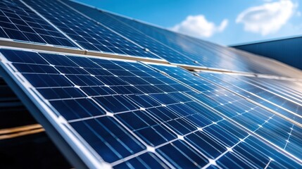 Detailed Close-Up of Solar Panels with Blue Sky Background