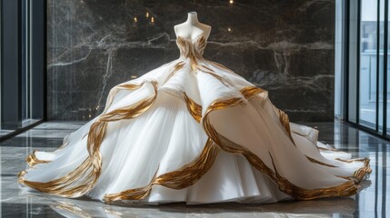 Poster - A stunning gown drapes gracefully over its stand, showcasing intricate golden embellishments against the luxurious white marble backdrop. The boutique exudes sophistication and elegance