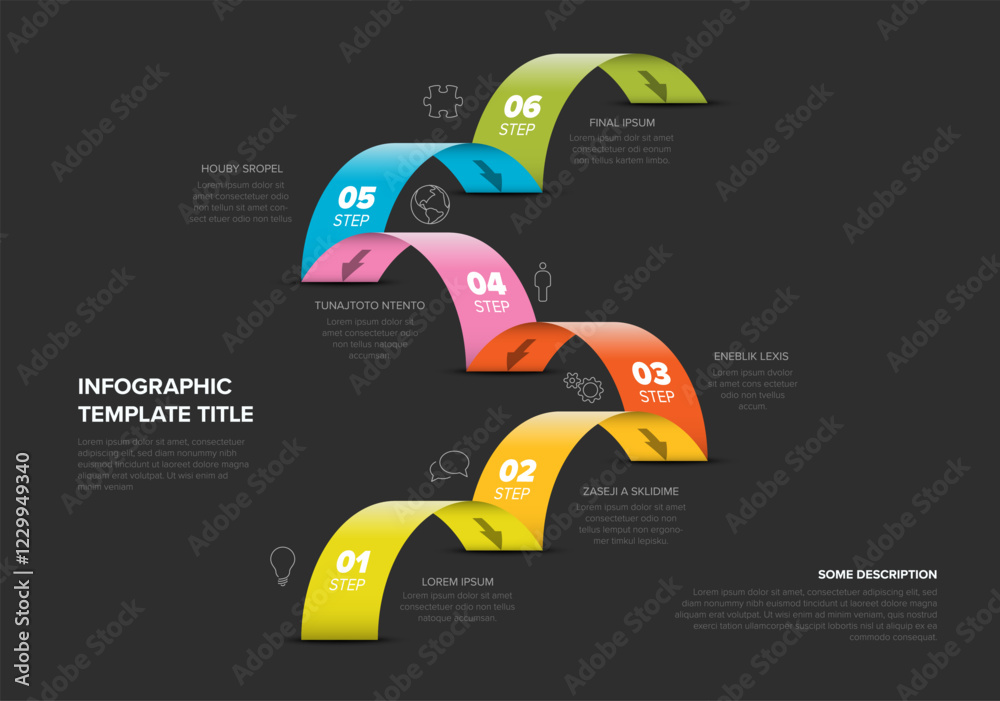 Dark infographic image displays a six-step process with vibrant ...