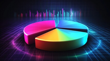 Poster - a digital pie chart with multicolored segments, glowing slightly against a dark grid background, con