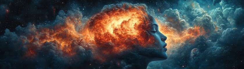 Poster - Mans head surrounded by colorful nebula in deep space with stars and cosmic dust