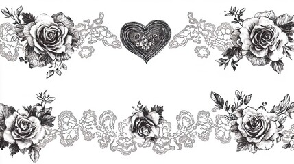 Wall Mural - Hand drawn Lace Border with Heart and Floral Elements Perfect for Wedding Invitations Romantic Designs and Vintage Projects