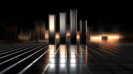 Poster - A dynamic D bar graph on a black background, with sleek metal bars, a glowing grid, and a futuristic feel, perfect for illustrating progress or trends.