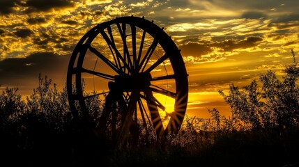 Poster - A dramatic sunset view of a silhouetted water wheel against the horizon, with golden rays illuminating the surrounding landscape, creating a captivating atmosphere